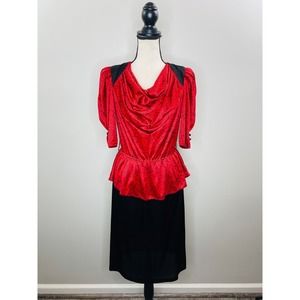 Vintage 80s Draped Peplum Dress Women Small Stretch Secretary Career Date Retro
